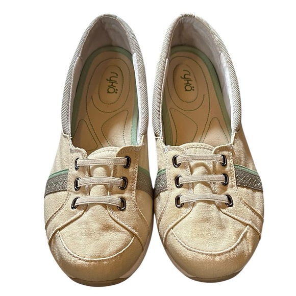 Ryka Shoes - RYKÄ cream/light tan slip on sneaker style flats gray & green accents sz 10 Wide